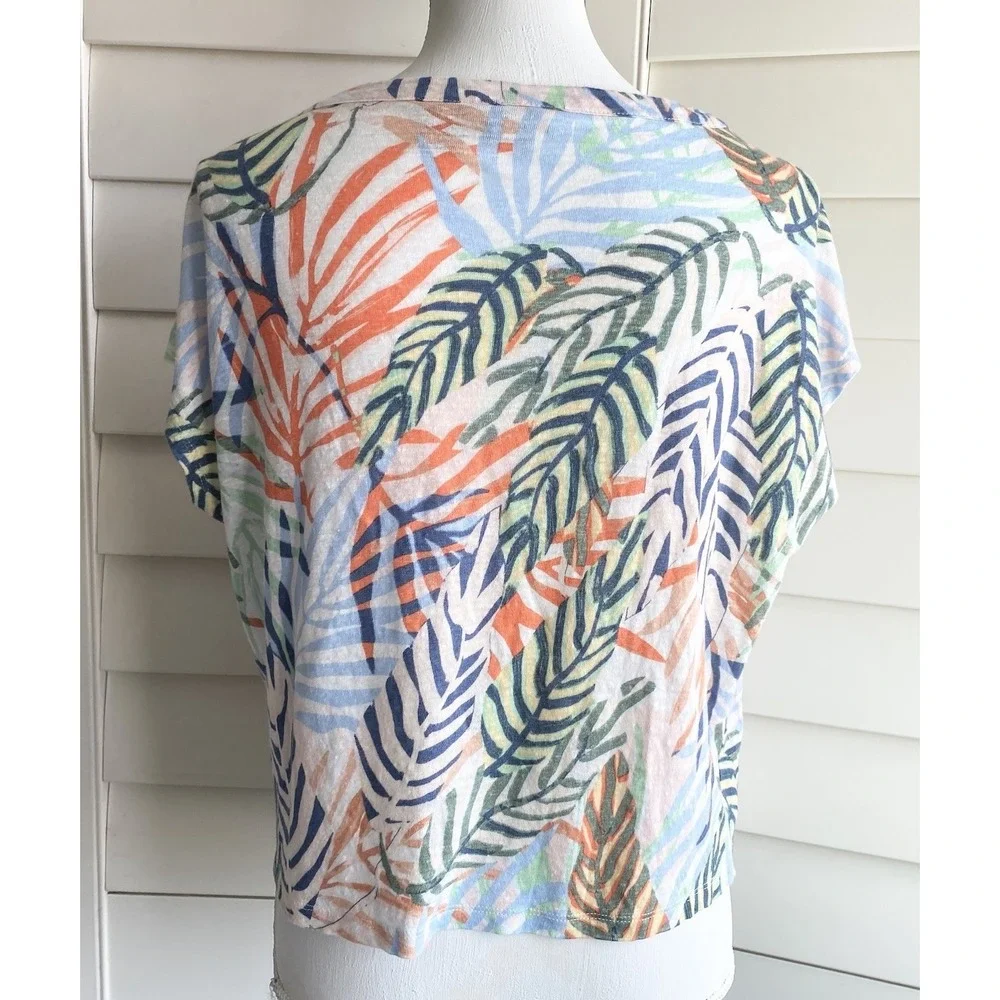 Tahari 100% Linen Tropical Leaf Print Crop Top M Lightweight‎ Resort Beach Boho